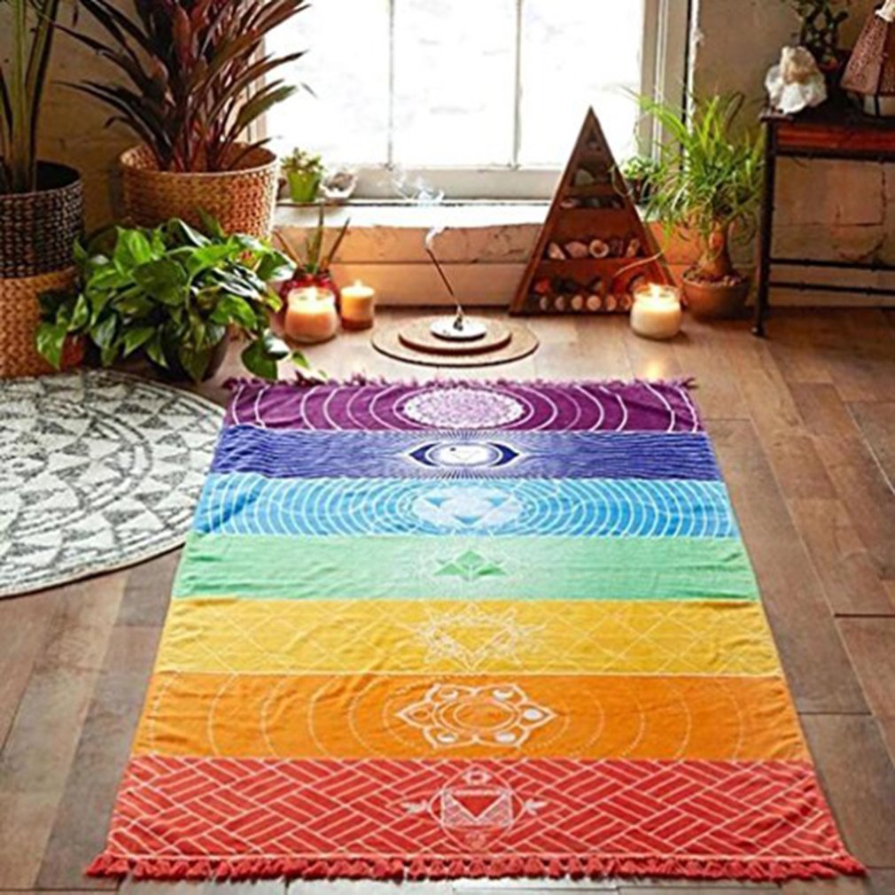 Meditation Yoga Rug Towels Mexico Chakras Tassel Striped Floor Mat Tassel Tapestry Soft And Comfortable 150cm*70cm Colorful