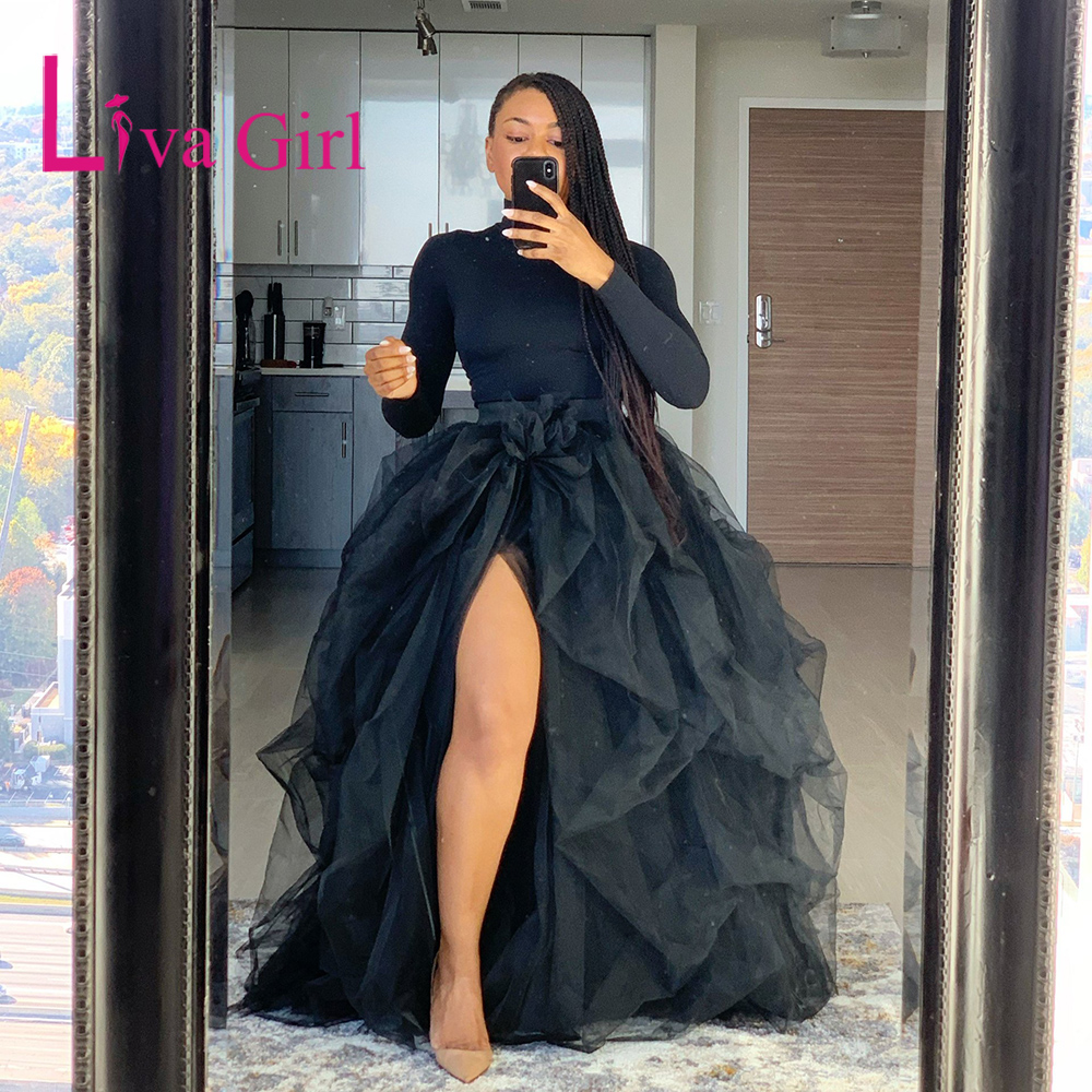 Liva Girl Casual High Waist Elastic Mesh Puffy Women's Plus Size Irregular Ball Gown Lady Tulle Skirt faldas mujer moda  5XL