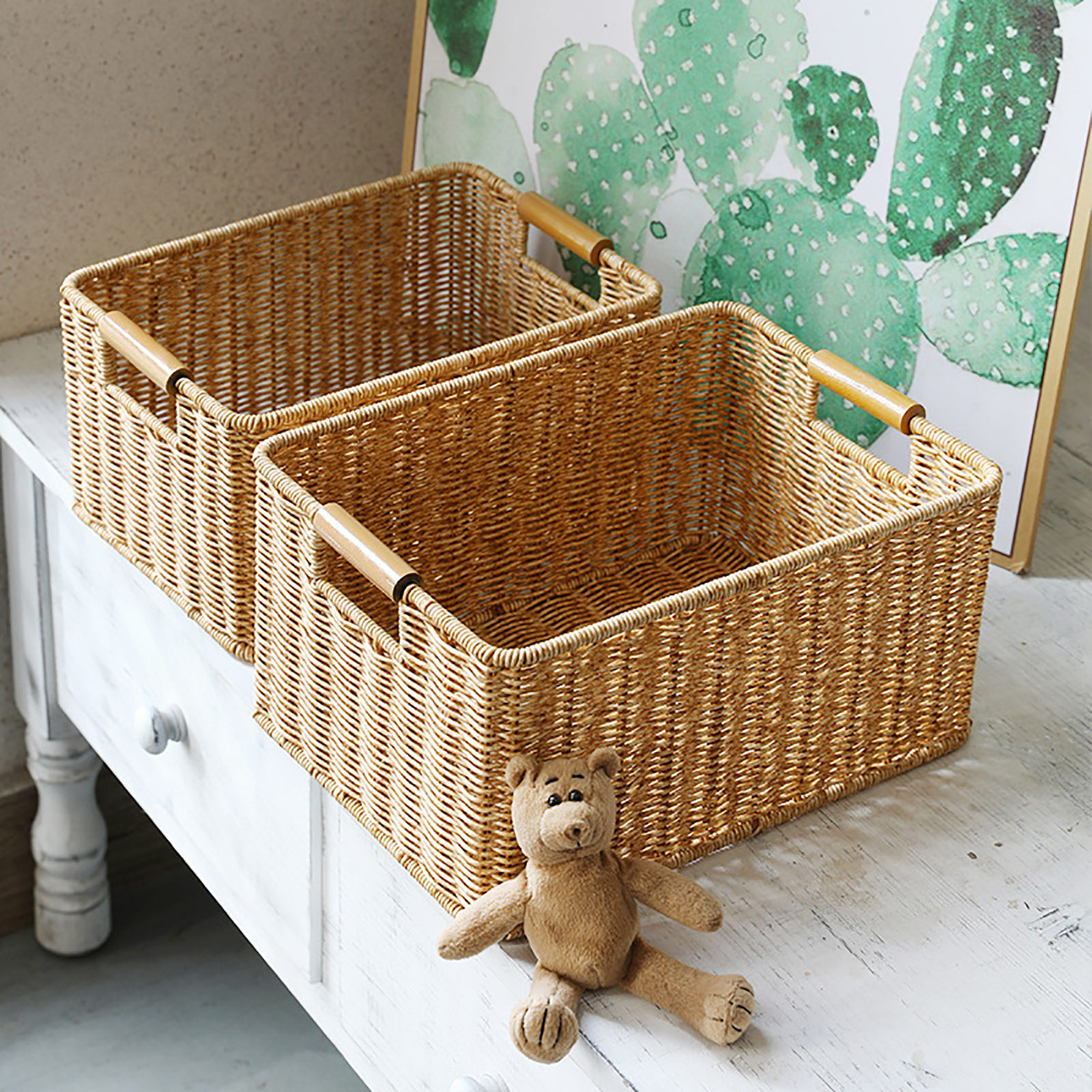 Hand-woven Rattan Wicker Storage Basket Multifunction Large Capacity Rectangular Basket For Book Toys Home Storage Organizer