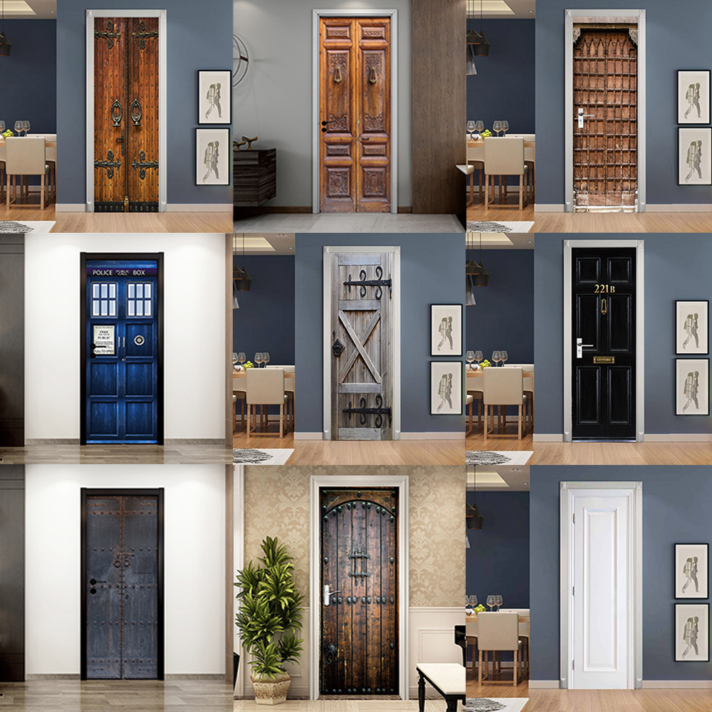 Self-Adhesive Door Stickers Wood Grain DIY Retro Wooden Doors Sticker PVC Waterproof Modern Classical Pattern Art Poster