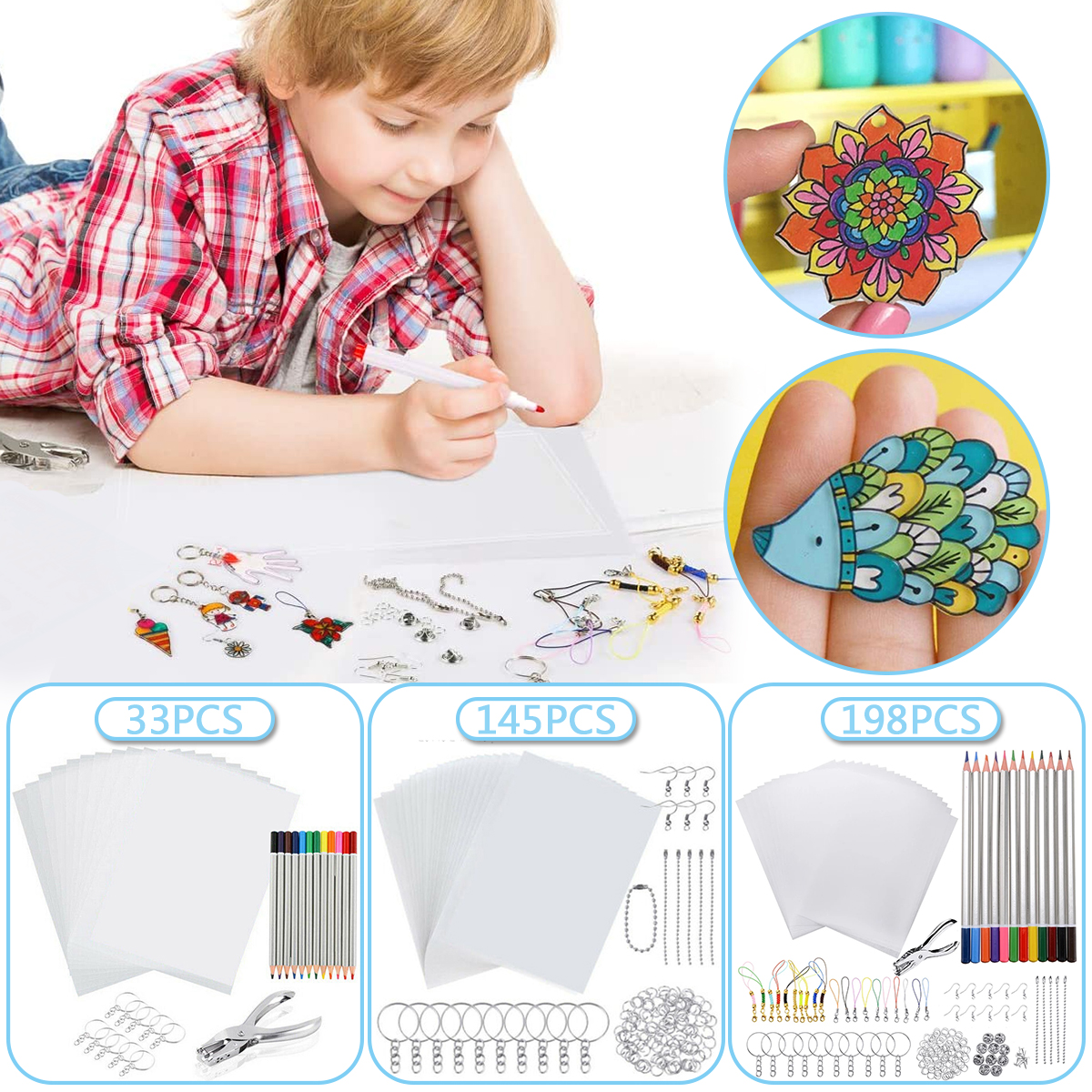 33/145/198 Pcs Shrink Plastic Sheet Shrinky Art Film Paper Heat Blank Keychain Earring DIY Kit Drawing Art Supplies for Kids