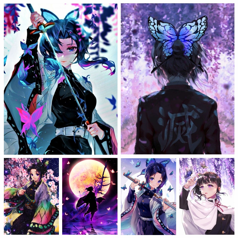 Demon Slayer AB Diamond Art Painting Japanese Anime Girl Shinobu Kochou WIth Butterfly Scenery Mosaic Cross Stitch Home Decor