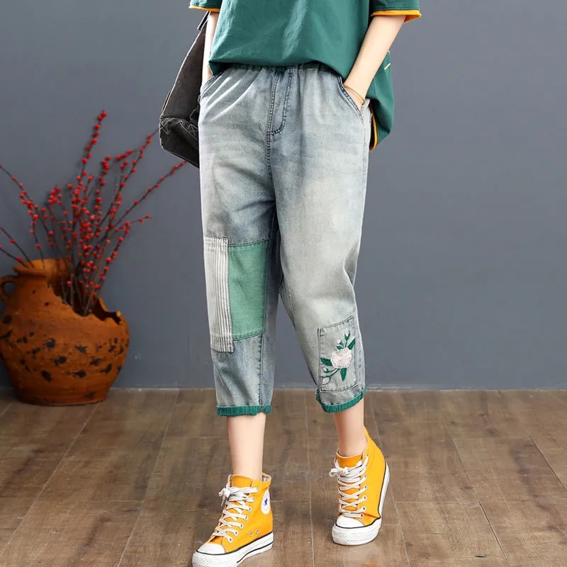 Women Jeans  Summer High Waist Patch Denim Cropped Pants Female Elastic Waist Embroidered Color Matching Harem Pants A67