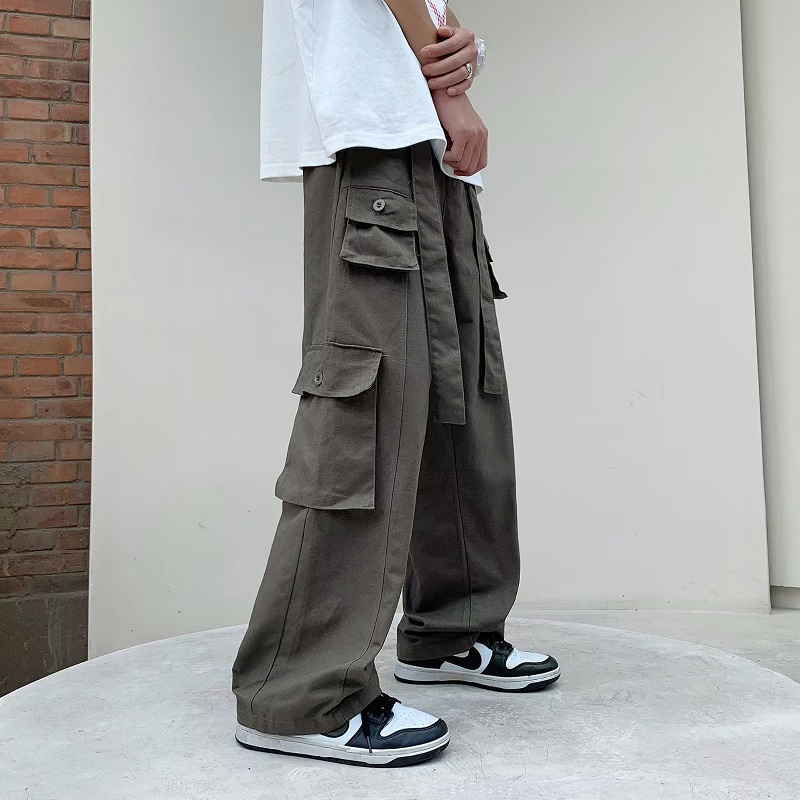 Overalls men's   Hong Kong Style Multi Pocket loose  youth casual pants retro versatile straight pants 