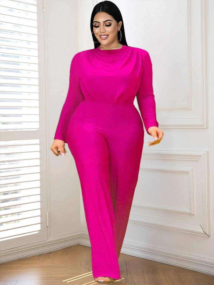 Rose Red Bodycon Jumpsuits Plus Size High Neck Long Sleeve High Wasit Women Evening Cocktail Birthday Party Overalls for Ladies