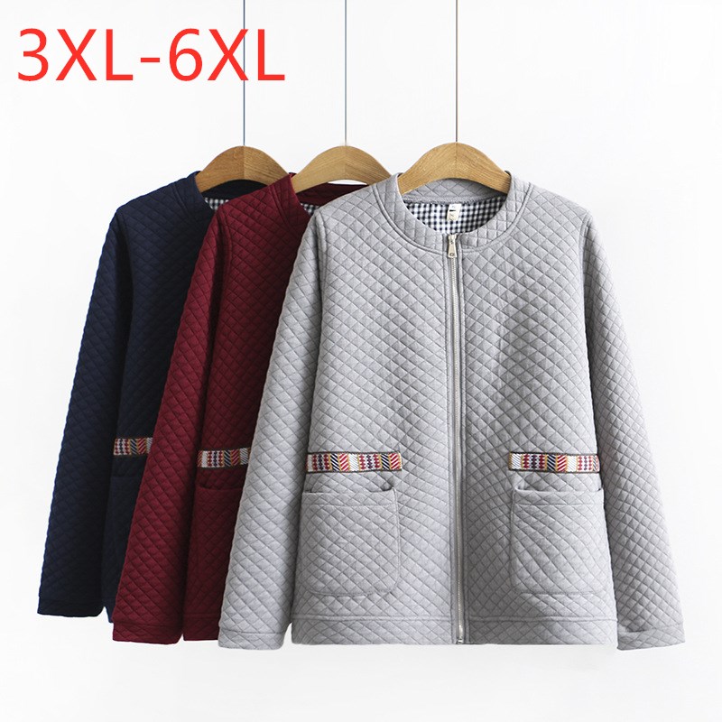  Ladies Autumn Winter Plus Size Jacket For Women Large Long Sleeve Loose Gray Blue Pocket Zipper Coat 3XL 4XL 5XL 6XL