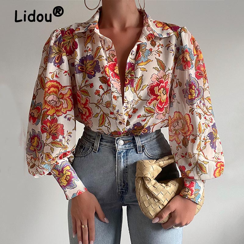 Spring  Women Shirt Lantern Long Sleeves Casual Floral Printed Buttons V Neck Blouse Commute Elegant High Street Shirts