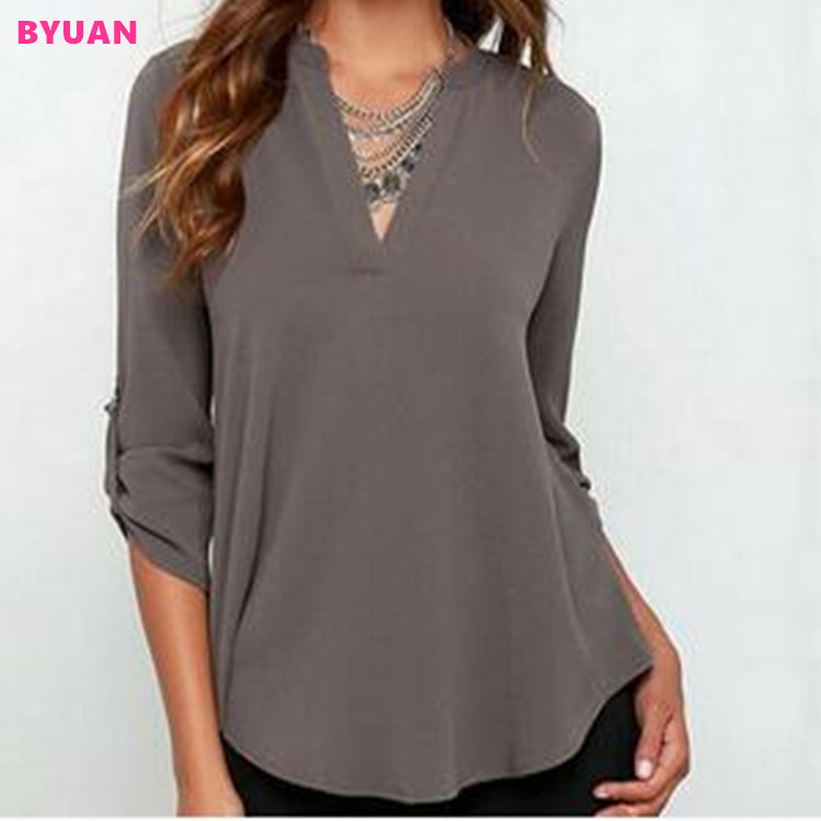 Womens Chiffon Blouses and Tops  Plus Size Feminina Camisas Blusas Large Sizes for Women V-neck 3/4 Sleeve Female Shirts
