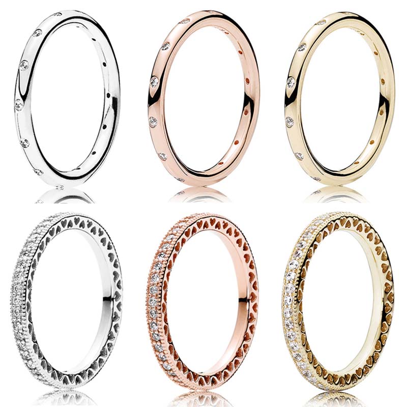 Authentic 925 Sterling Silver Ring Rose Sparkling Droplet Stack Love Hearts Ring With Crystal For Women Gift Pandora Jewelry