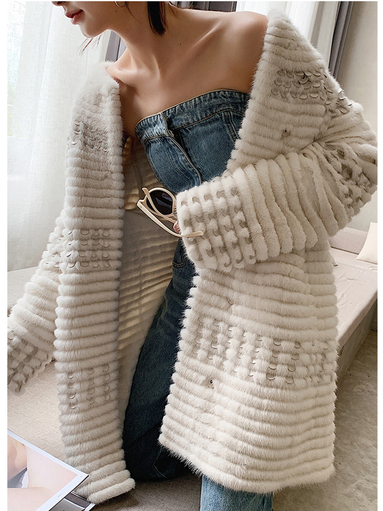 HDHOHR  High  Knitted Mink Fur Coats  Natural Mink Fur Jackets Sequin Decoration Winter Female Fur Parkers