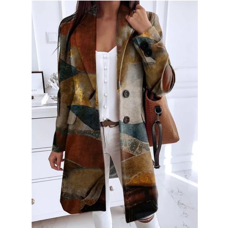  Autumn Winter Print Women Woolen Coats Vintage Lapel Single-Breasted Warm Coat Female Oversized Long Sleeve Casual Outwear
