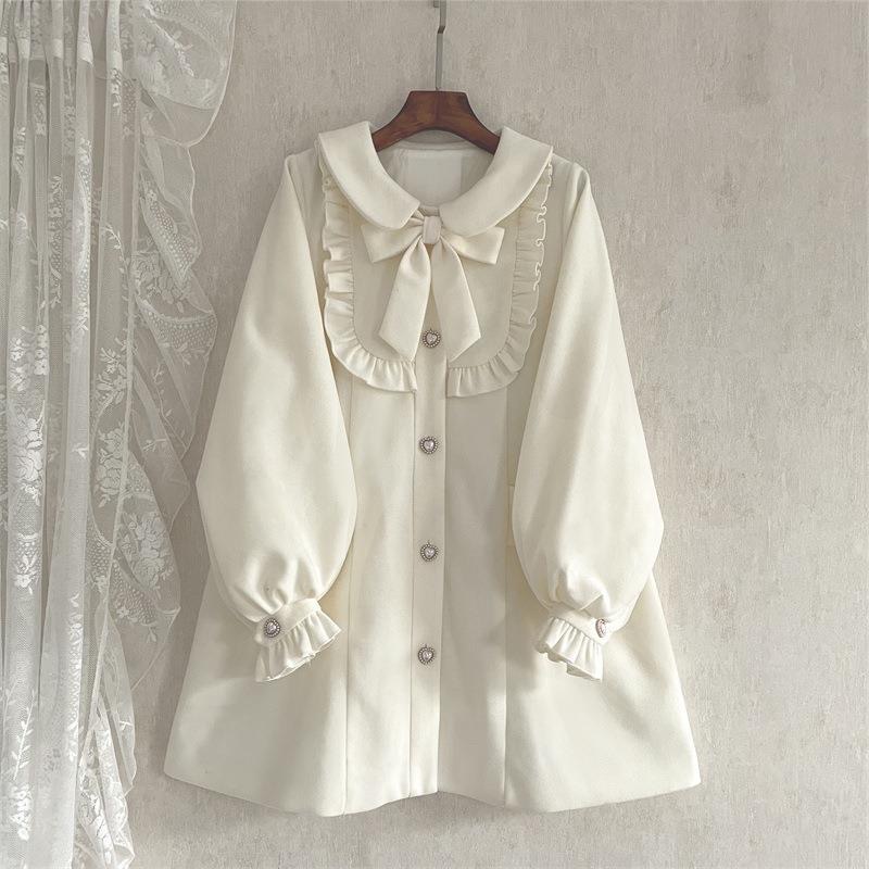 Single-breasted Puff Sleeve Sweet Elegant Woolen Coat Women Jacket Bowknot Lolita Doll collar Outerwear   Clothes