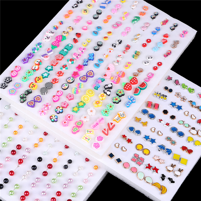 100Pairs Acrylic Crystal Heart Star Moon Small Stud Earrings Set For Women Girl Animal Flower Plastic Earring  Trend Jewelry