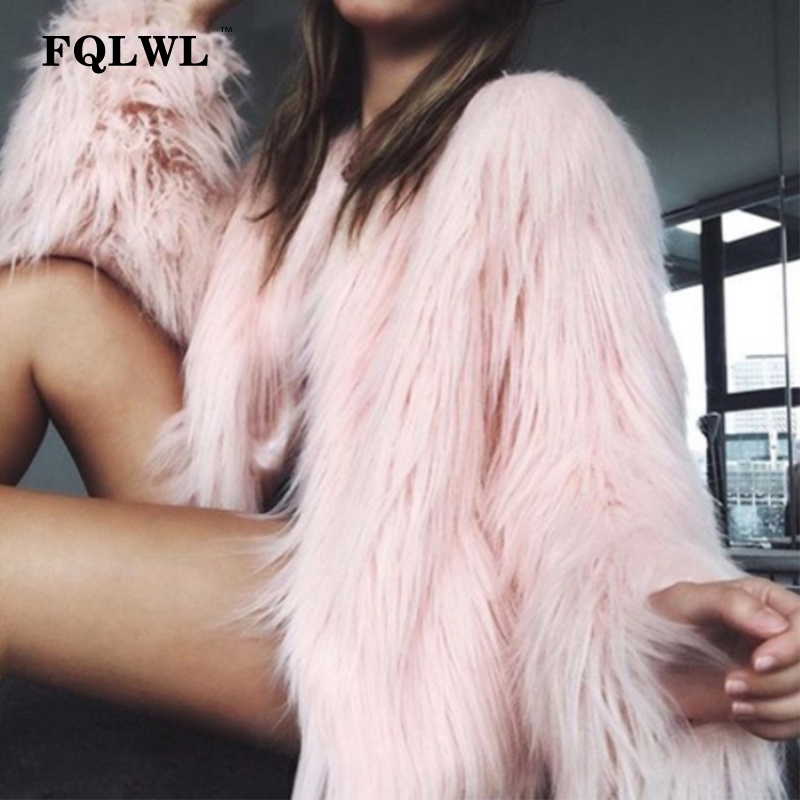 FQLWL Warm Faux Fur Coat Women Jacket Loose Black White Pink Plush Overcoat Female Colorful Winter Autumn Shaggy Outerwear