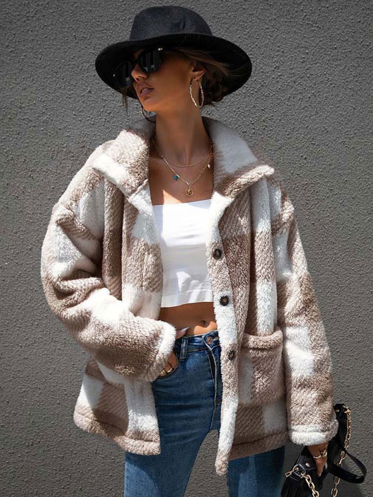 Autumn Winter Plaid Faux Fur Coat Women Checkered Thick Warm Jacket Women Furry Fluffy Teddy Jacket Plush Coat Ladies
