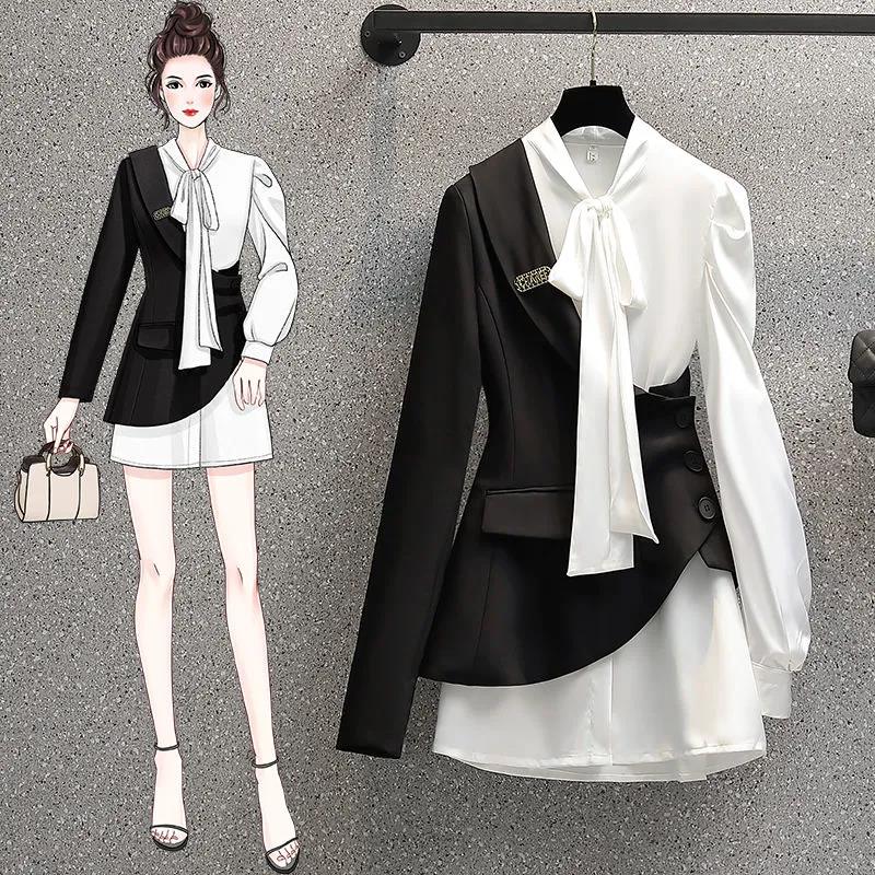  design Spring Autumn Women's Suits jacket  Elegant Blazer Dress White Vestidos Black Coat Two-Piece Suit Female