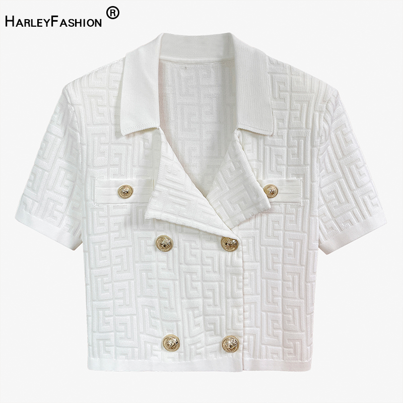 Summer White Geimetric Pattern Short Sleelve Notched Knittied Strechy  Casual Slim Blouse Women Tops