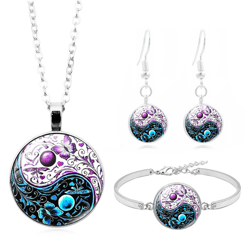 Yin Yang Tai Chi Butterfly Cabochon Glass Pendant Necklace Bracelet Bangle Earrings Jewelry Set Totally 4Pcs for Women's 