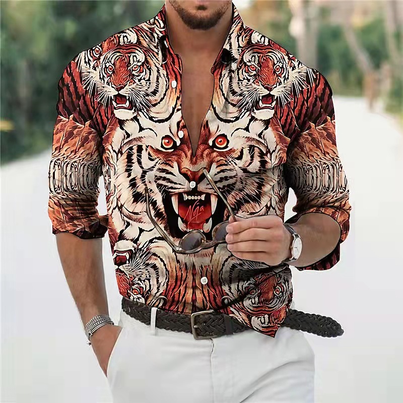 Men's Slim Shirts Spring Autumn Casual Lapel Street  Animal 3D Printing Long Sleeve Oversized Shirts Men's Tops