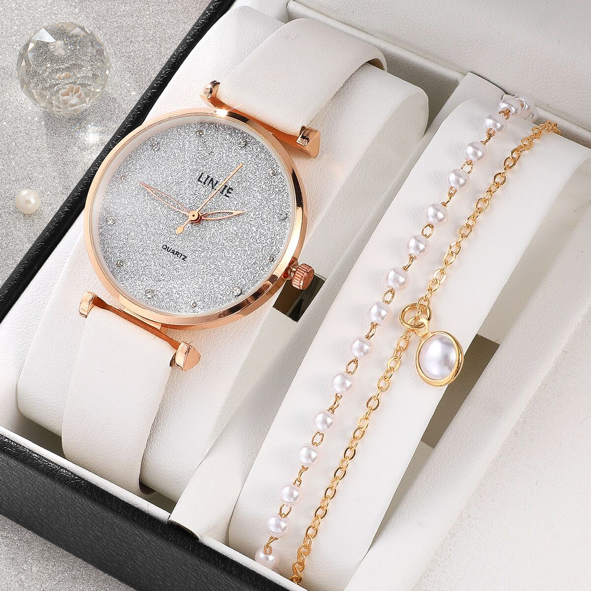 2 Piece Ladies Watch Set  Starry Dial Bracelet Women's Leather Strap Quartz Girl's WristWatch