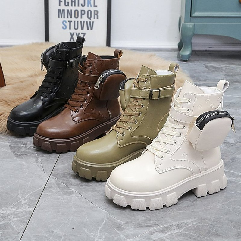  Women Thick-Soled Leather Boots Casual Women Boots Women  Lace-Up High Boots Nylon pouch heels flats booties