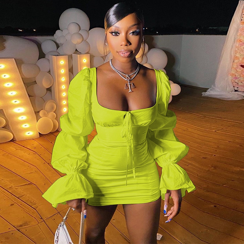 Sexy Puff Sleeve Bodycon Mini Dress Bandage Birthday Party Outfits for Women Backless Y2k Clothes Night Club Dresses