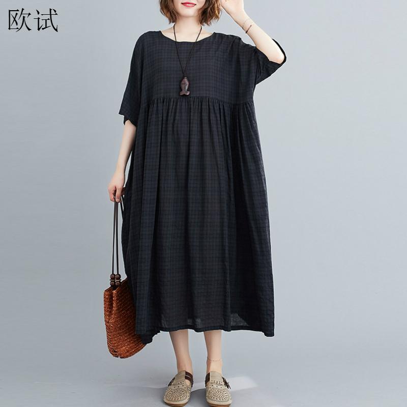 Plus Size Plaid Casual Cotton Summer Dress Women Oversized Vintage 4XL 5XL 6XL Ladies Dresses Robe Femme Beach Woman Dress 