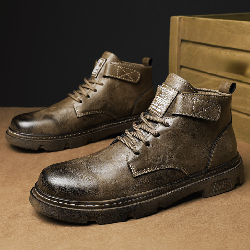 Men Boots Autumn Personalized Mid-Top Round Toe Martin Boots Retro Climbing on Foot Large Size Leather Shoes Botas Moto Hombre