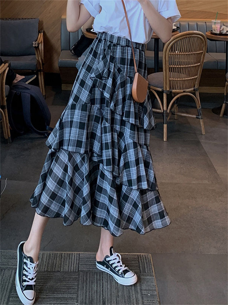  Casual Summer Vintage Plaid Skirt Women Elegant Chic Asymmetrical Patchwork Ruffles Long Skirt High Waist A-line Skirts