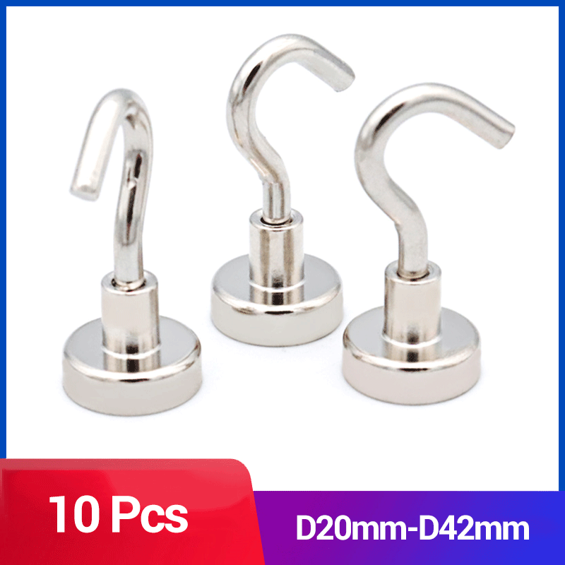 10 Pcs D20mm 25mm 32mm 36mm 40mm 42mm 46mm 48mm Magnetic Hooks Heavy Duty Wall Hooks Hanger Super Strong Neodymium Magnet Hooks