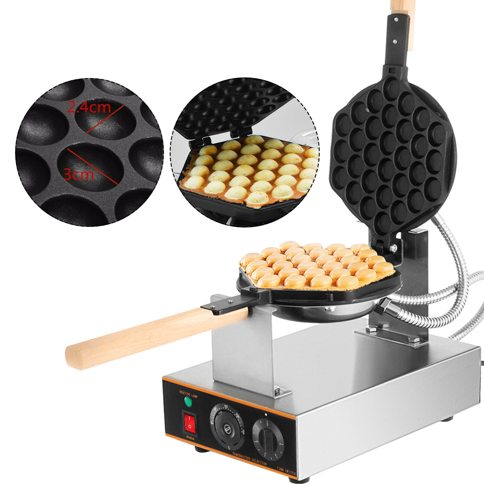 VEVOR 1400W Electric Egg Waffle Maker Commercial Non-stick Eggette Maker Machine 225x330x250mm with Wooden Handles