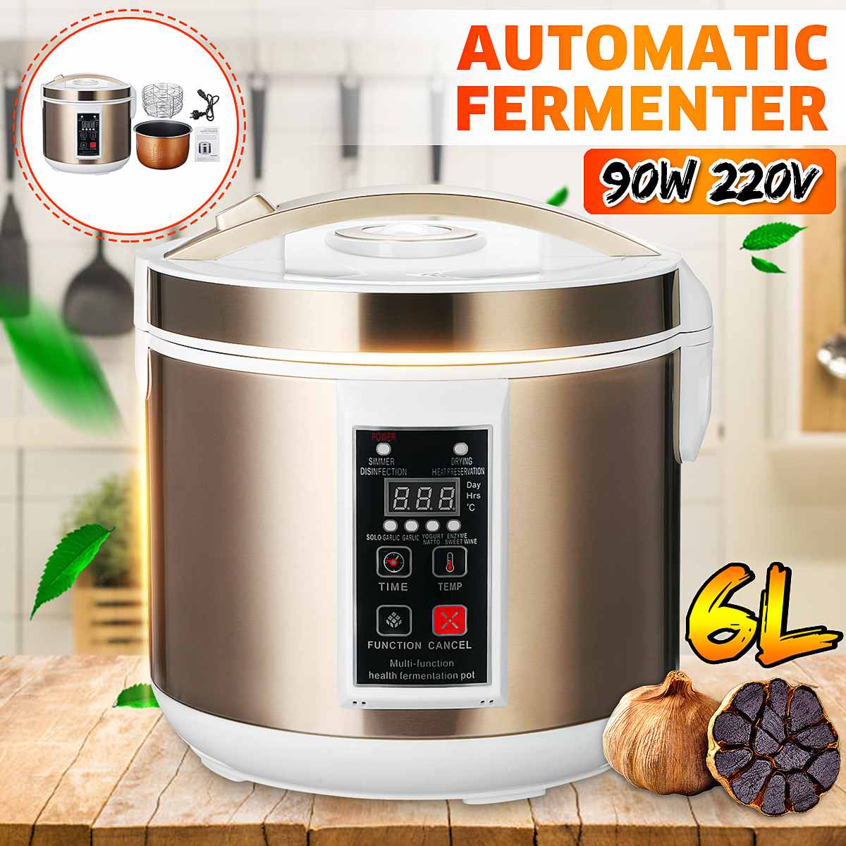 6L 90W 220V Full Automatic Black Garlic Fermenter Smart DIY Zymolysis Maker Health Fermentation Pot Household Fermenting Machine