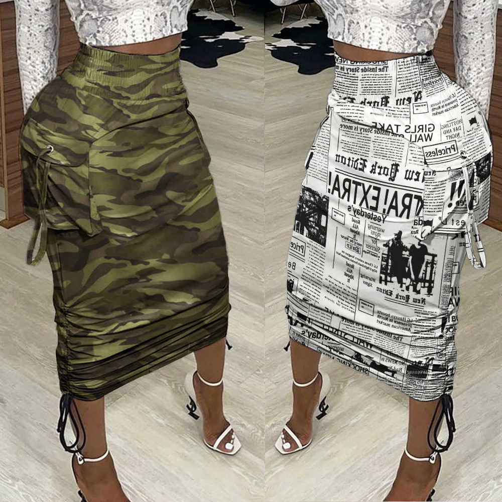 Drawstring Ruched High Waist Midi Skirts Womens Pocket Summer  Camouflage Newspaper Bodycon Pencil Skirt Female  Jupe