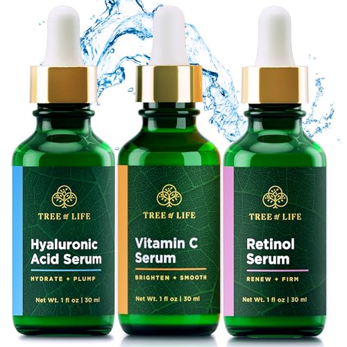 Tree of Life Facial Skin Care Set, Brightening, Firming, Hydrating, Dry Face, Dermatologist Tested - Trio Power Kit, Vitamin C, Retinol and Hyaluronic Acid, 3 count of 2 Fl Oz