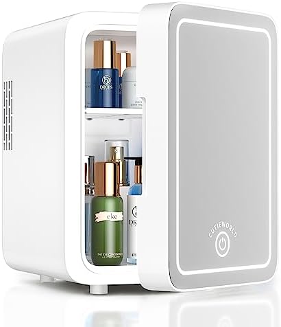 Skincare Fridge With Dimmable LED Light Mirror, 4L Makeup Mini Fridge for Bedroom, Car, Office & Dorm, Cooler & Warmer, Portable Small Refrigerator for Cosmetics, Skin Care and Food, White