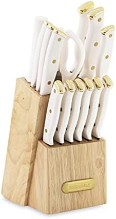 Farberware 15-Piece Triple Riveted Knife Block Set, High Carbon-Stainless Steel Kitchen Knives, Razor-Sharp Knife Set with Wood Block, White and Gold