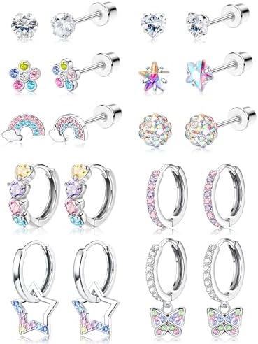 YADOCA 10 Pairs Hypoallergenic Screw Back Earrings For Girls Women Surgical Steel Small Huggie Hoop Earrings Cute CZ Butterfly Star Dangle Hoop Earrings 20G Screwback Stud Earrings Set For Sensitive E