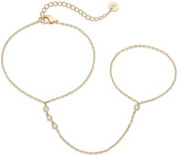 PAVOI 14K Yellow Gold Plated Hand Chains Bracelet for Women | Dainty Cubic Zirconia Bracelet and Ring Chain Body Jewelry