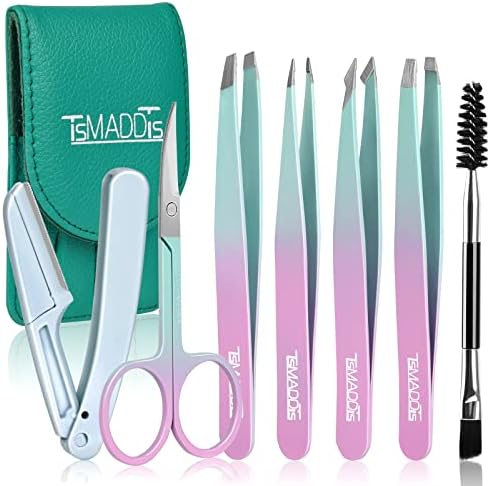 TsMADDTs Eyebrow Tweezer Set, 7 Pcs Tweezers Set for Women, Precision Tweezer for Eyebrows with Curved Scissors and Eyebrow Razor for Ingrown Hair