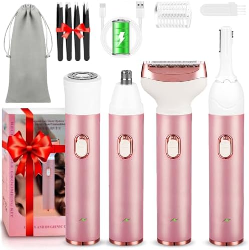 Electric Lady Shaver 4-in-1 Shaving Kit for Women Bikini Trimmer Facial Hair Remover Eyebrow Trimmer Nose Hair Trimmer Rechargeable Wet & Dry Use Easy Cleansing (Rosegold)
