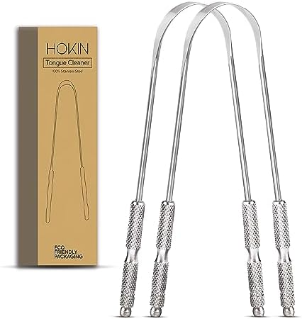 Tongue Scraper for Adults by HOKIN (2Pcs Oral Care Pack) Stainless Steel Tongue Cleaners Reduce Bad Breath 100% Metal Tough Scrapers Men and Women Hygiene Product