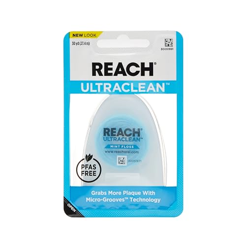REACH Listerine Ultraclean Dental Floss, Plaque Remover, Shred Resistant, Waxed, Gentle on Gums & Teeth, Mint, PFAS-Free, Fresh Breath, Oral Care, for Adults & Kids, 30 yds