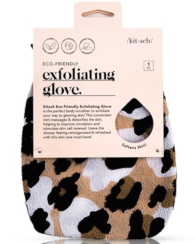 Kitsch Deep Exfoliating Glove, Eco Friendly Exfoliating Body Scrubber, Dead Skin Remover & Body Scrubber Exfoliator, Body Scrub Mitt for Skin Cell Renewal, Body Exfoliating Gloves for Shower, Leopard