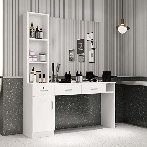 Paddie Barber Salon Station Wall Mount Hair Styling Salon Equipment Set Beauty Spa Furniture Set, Lockable Left Shelf, Mirror not Included(White)