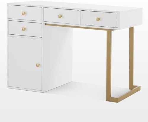 BarberPub Beauty Manicure Table with Storage Drawers, Nail Salon Desk for Nail Tech, Makeup Station with Round Handles, Beauty Equipment with Display Open Space 2990 (White&Golden)