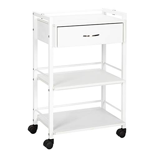 Salon Trolley Cart for Beauty SPA, Wooden Rolling Storage Station, White Mobile Utility Cabinet with 1 Drawer 2 Trays, Medical Esthetic Supply Holder for Massage Tattoo Facials