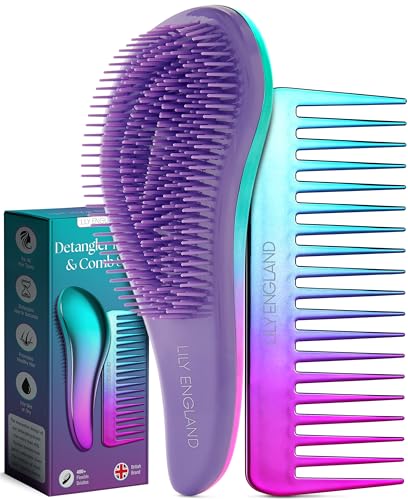 Lily England Detangler Brush & Comb Set - Lightweight Wide Tooth Detangling Tool for Women & Kids - Smooths Curly, Straight, Dry, Fine, & Thick Hair, Purple