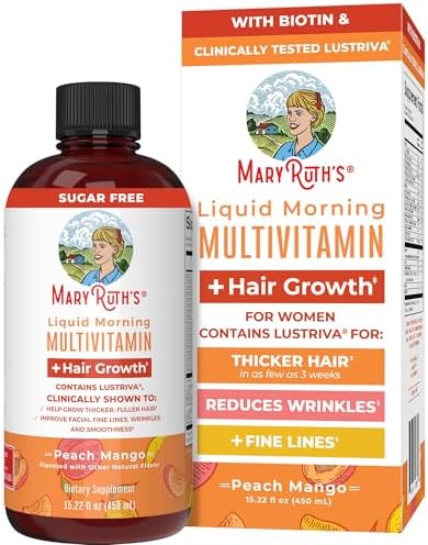 MaryRuth's Liquid Multivitamin + Lustriva® Hair Growth for Women| Biotin 10000mcg | Vitamin D | B Vitamins |Clinically Tested for Thicker Hair, Wrinkles, Fine Lines, Skin Care| Ages 18+ | 15.22 Fl Oz