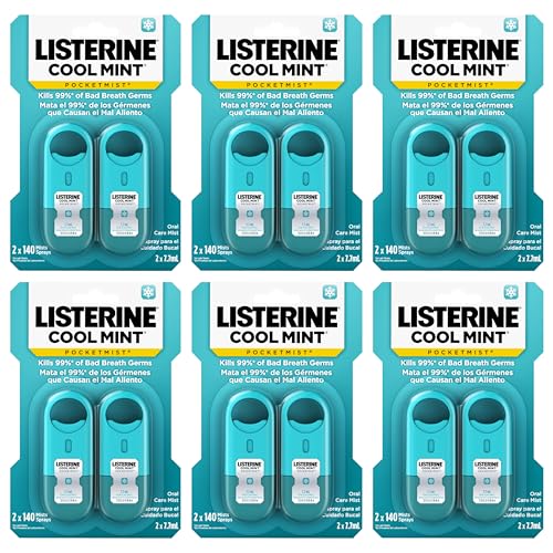 Listerine Cool Mint Pocketmist, Oral Care Mist for Fresh Breat, Kills 99% of Bad Breath Germs, Cool Mint Flavor, 0.26 Fl Oz - 2 Count (Pack of 6)