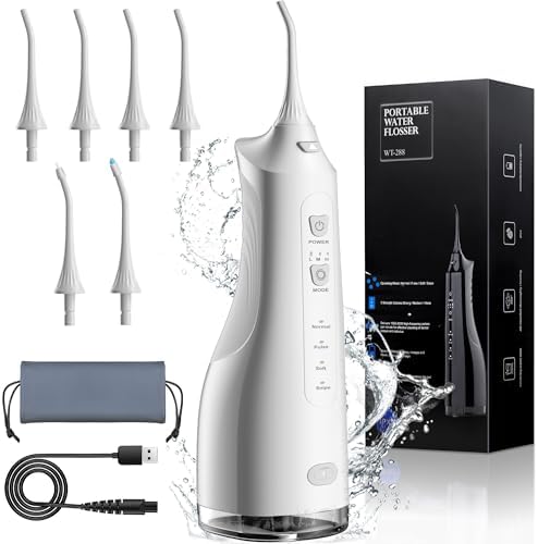 Water Dental Flosser Teeth Pick,Portable Cordless Oral Irrigator for Teeth Cleaning,4 Modes & 3 Intensities,310ML,IPX7 Waterproof,Rechargeable Water Flosser for Braces,Bridges,Gum Care-White